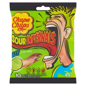 Chupa Chups Sour Infernals Kwaśne lizaki wielosmakowe 95 g (10 sztuk)