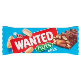 Eti Wanted Baton nugatowy z orzeszkami ziemnymi i karmelem pokryty czekoladą mleczną 45 g