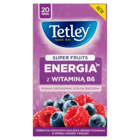 Tetley Super Fruits Energia Herbatka owocowo-ziołowa o smaku jagody i maliny 40 g (20 torebek)