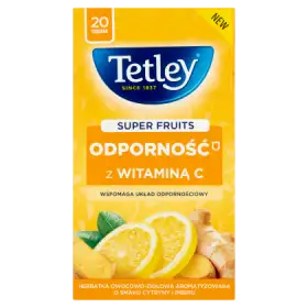 Tetley Super Fruits Odporność Herbatka owocowo-ziołowa o smaku cytryny i imbiru 40 g (20 torebek)