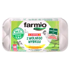 Farmio Jaja z wolnego wybiegu od kur karmionych paszą wolną od GMO M 8 sztuk