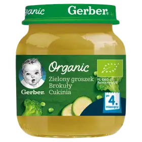 Gerber Organic Zielony groszek brokuły cukinia dla niemowląt po 4. miesiącu 125 g