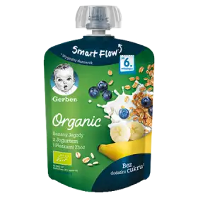 Gerber Organic Deserek Banany jagody z jogurtem i płatkami zbóż dla niemowląt po 6. miesiącu 90 g