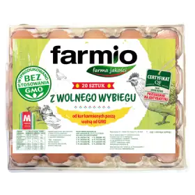 Farmio Jaja z wolnego wybiegu od kur karmionych paszą wolną od GMO M 20 sztuk