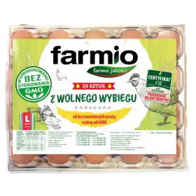 Farmio Jaja z wolnego wybiegu od kur karmionych paszą wolną od GMO L 20 sztuk