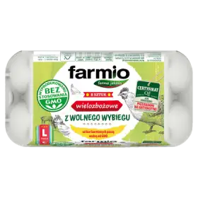 Farmio Jaja wielozbożowe z wolnego wybiegu od kur karmionych paszą wolną od GMO L 8 sztuk