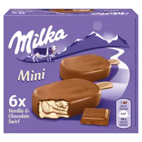 Milka Mini Lody waniliowe z kawałkami polewy z mleczną czekoladą 300 ml (6 sztuk)