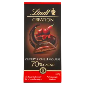 Lindt Creation 70% Cocoa Gorzka czekolada z musem czekoladowym i nadzieniem wiśniowym z chilli 150 g