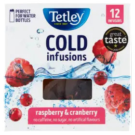 Tetley Cold Infusions Herbatka ziołowo-owocowa aromatyzowana o smaku maliny i żurawiny 27 g