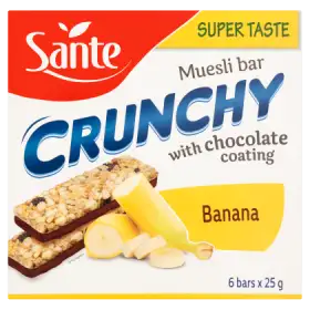 Sante Crunchy Baton zbożowy musli z dodatkiem bananów podlany czekoladą 150 g (6 sztuk)